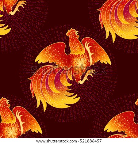 2017, the Year of the Fire Rooster in Chinese Horoscope. Red and gold colors, symbol of new year. Fire element. Hand drawn sketchy cartoon tileable background, vector seamless pattern