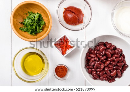 Chili Bean Stew Food Ingredients Top View On White Wood Table