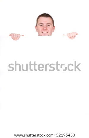 casual man holding banner over white background