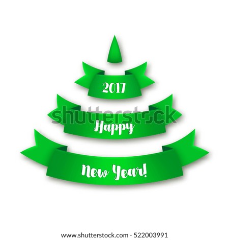 Green Christmas tree made of realistic ribbon with shadow on white background. Bright vector illustration.