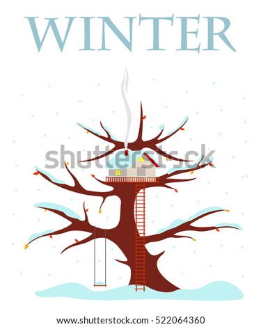 Tree house vector illustration in flat style. Hut on the tree. Snow on the branches and the roof of the house. Falling snowflakes. Advertisements, signs, stickers. Isolated on a white background