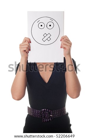 Young woman with the painted taped face on the sheet of paper over his face isolated on white