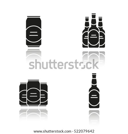 Beer drop shadow black icons set. Beer bottles and cans. Isolated vector illustrations