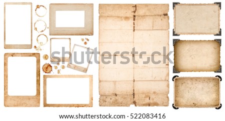Aged photo frames, used folded paper sheet and coffee stains on white background. Scrapbook elements.