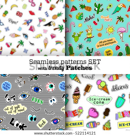 Seamless patterns set with fashion patch badges. Pop art. Stickers, pins, patches in cartoon 80s-90s comic style. Trendy. Vector clip-art.