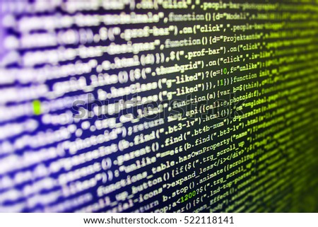 Programming of Internet website. Javascript functions, variables, objects. Desktop PC monitor photo. Programming code typing. IT coding on monitor screen. Software development. 
