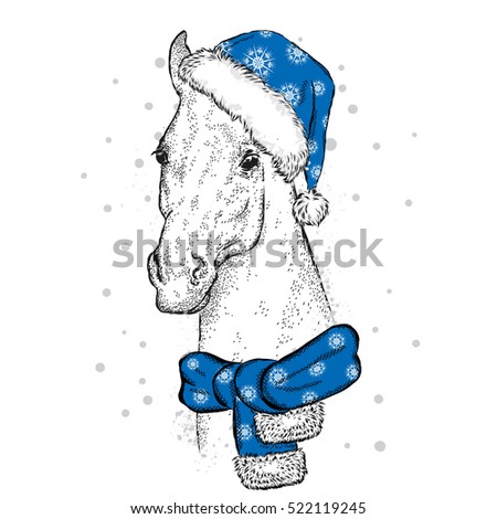 Beautiful horse in a Christmas hat and scarf. Vector illustration for a card or poster. Santa Claus. New Year's and Christmas.