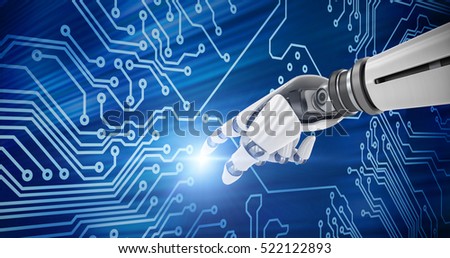 3D White robot arm pointing at something against digital circuit board