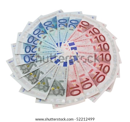 Five, ten and twenty euro banknotes on a white background