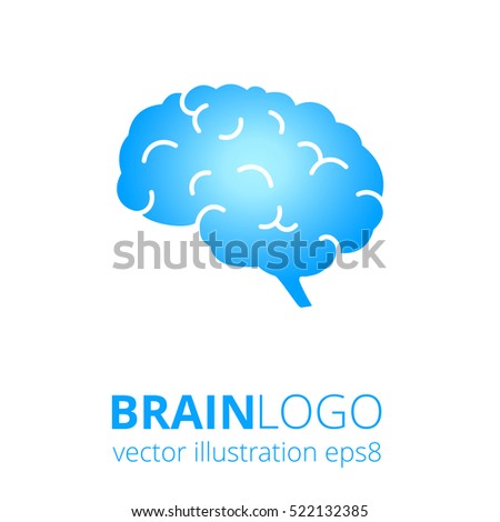 Blue brain logo silhouette on white background. Top view. Vector human brain anatomy in flat style. 