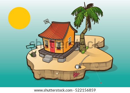 A Caribbean House on a small island with palm tree, coconuts, fish rod, bucket.