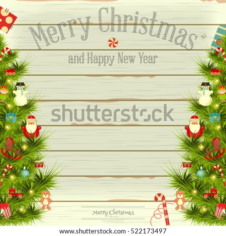 Christmas and New Year Card. Decorated Christmas Tree on Vintage White Wooden Background. Place for Text. Vector illustration.