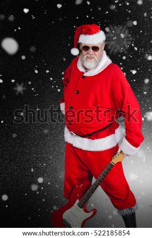 Smiling Santa Claus standing with guitar against snowflake pattern