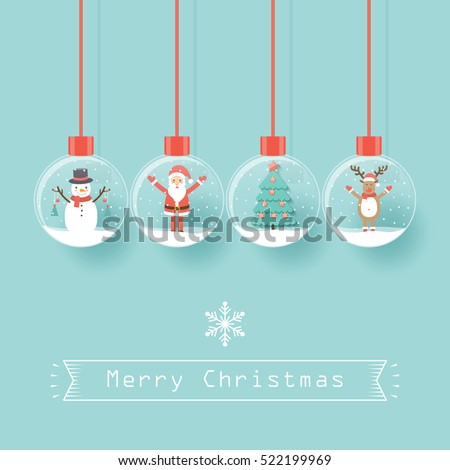 Santa Claus, snowman, reindeer and Christmas tree in snow globes hanging on dark background.