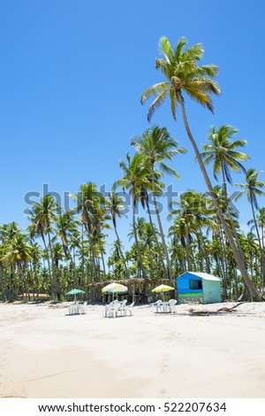 Colorful Brazilian beach shacks line the shore of a remote tropical island in Bahia, Nordeste Brazil