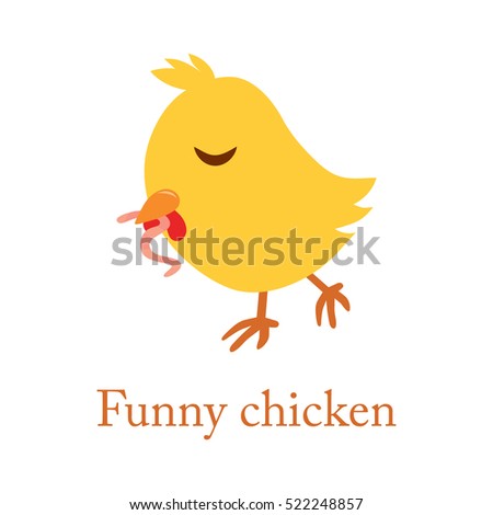 Cute cartoon yellow chicken with worm, vector, bird, illustrations, animal, vector illustration on white background.