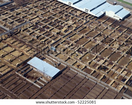 Aerial of a large stock yard in the central United States.