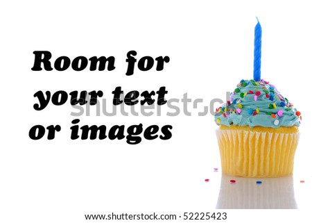 a cupcake with blue frosting, sprinkles and a candle.  isolated on white with room for your text or images