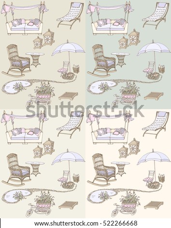vector  sketch of a set of furniture and decor for the garden  - violet, beige  pastel shades, for outdoor decoration in doodle lines in different tender colors backgrounds