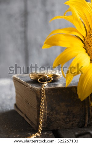 sunflower - flower background, gold pocket watch and book