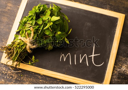 Fresh mint herb on dark wooden chalkboard