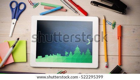 Composite image of Santa Claus running against blue chalkboard