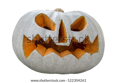 Terrible pumpkin isolated on white background. Cutout halloween pumpkin. Selective focus.