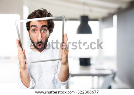 young funny man with steel frame. surprise expression