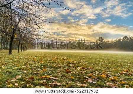 Foggy autumn morning at the gardens of Trinity College in Cambridge, UK
