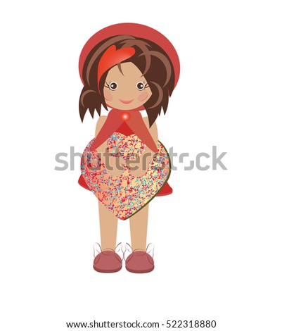 Illustrated girl with a gift box in the shape of a heart drawn in a vector on a white background