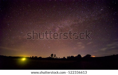 Milky Way galaxy, on rice paddy fields and mountains. Long exposure photograph, with grain.Image contain certain grain or noise and soft focus.