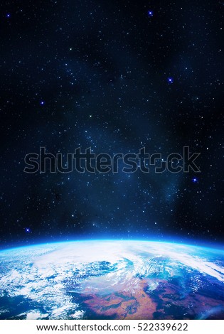 Earth in the space. Star on the background. Place for text and infographics. Elements of this image furnished by NASA. Astronomy and science concept
