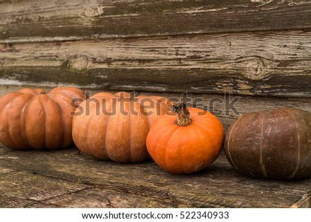 Orange autumn pumpkins on the old rustic table with vintage background