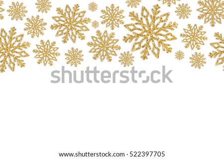 Christmas frame with gold snowflakes. Border of sequin confetti. Glitter powder sparkling background