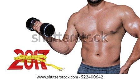 Mid section of a bodybuilder with dumbbell against digital image of 3D new year with tape measure