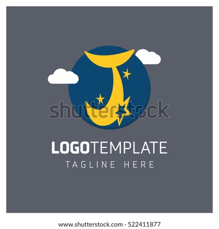 Vector Orange funny logo template. J logo for school and university. logo with stars and clouds on gray background with blue circle. vector logo illustration
