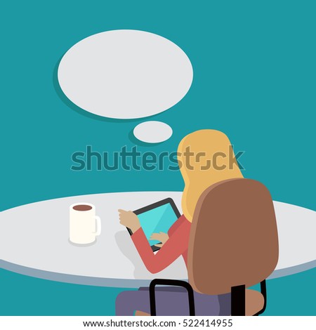 Woman sitting on chair with gadget and dreaming about something. Back view. Women at work. Endless work seven days a week. Working moments. Part of series of work at the office. Vector illustration