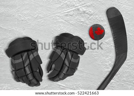 Canadian hockey puck, stick and gloves on the ice. Concept