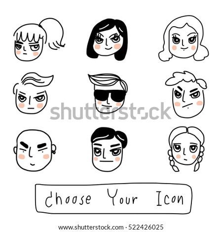 Set of people faces. Men and women face icon with various facial expression. Vector illustration. Doodle style.