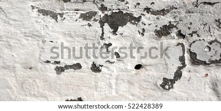Plaster Wall With Dirty White Black Scratches Dark Horizontal Background. Brickwall With Peel Grey Stucco Old Texture. Retro Vintage Concrete Wall Surface. Decayed Cracked Rough Abstract Banner.