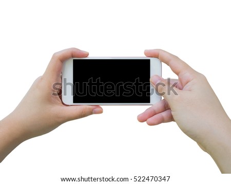 Asian Female hand holding mobile smart phone taking photo isolated on white background with clipping path