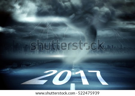 Happy New Year 2017 against 3D stormy sky with tornado over road