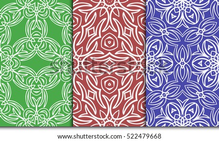 set of modern floral seamless pattern. geometric line and shape. vector illustration. red, green, blue color. for interior design, wallpaper, paper fill