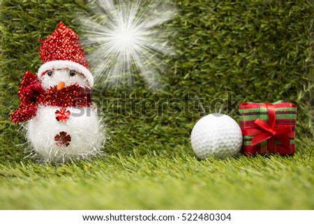 snowman and Golf ball with Christmas ornament on green grass background