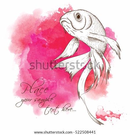 Goldfish painted in vintage style . Vector illustration. Abstract Background with Watercolor Stains