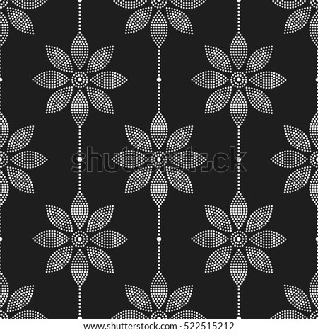 Tiled seamless geometric pattern of dotted flowers in garlands. Floral motif. Beads.  Abstract black and white mosaic background. Vector illustration. Royalty-Free Stock Photo #522515212