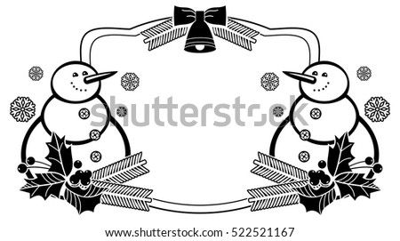 Black and white frame with funny snowman, holly berries and Christmas bell silhouettes. Copy space. Vector clip art.