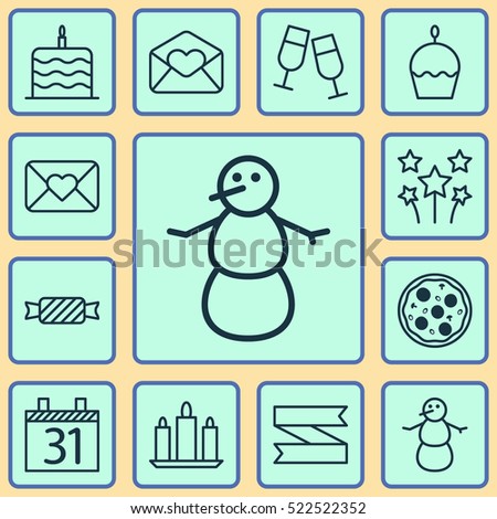 Set Of 12 Holiday Icons. Can Be Used For Web, Mobile, UI And Infographic Design. Includes Elements Such As Envelope, Pizza, Birthday And More.