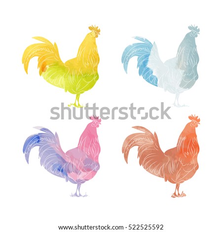 Rooster in the style of watercolor on a white background. The image of a rooster with no outline, silhouette. Set of vector illustrations