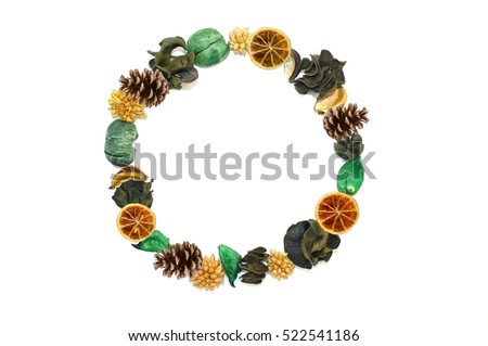 Christmas frame wreath with exotic dried flowers, cones and citrus. Handmade.